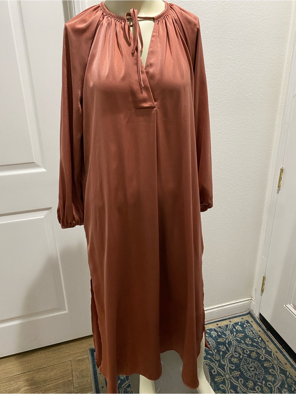 Long Sleeve Rust Tie-Neck Women's Dress